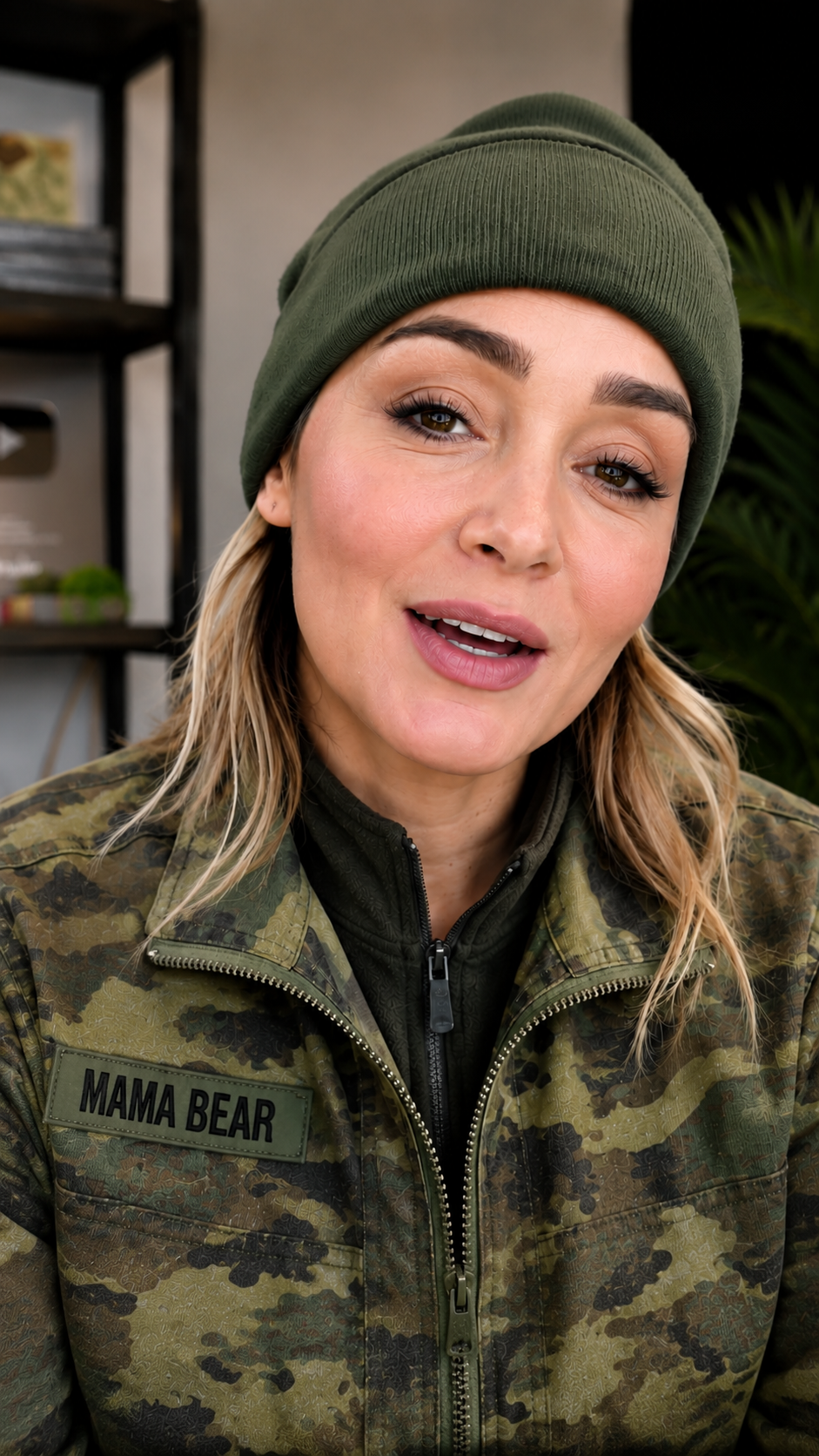 Mama Bear wearing her green beanie and camouflage jacket